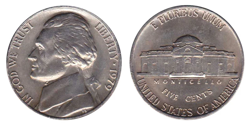 1979 Jefferson Nickel obverse and reverse showing Thomas Jefferson portrait and Monticello