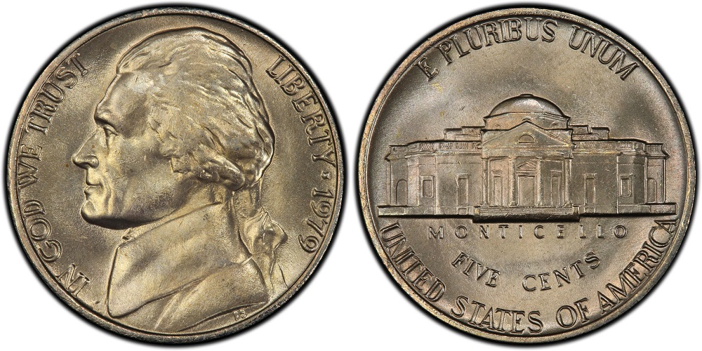 Side-by-side comparison of 1979 Jefferson Nickel standard reverse vs Full Steps reverse showing Monticello step detail