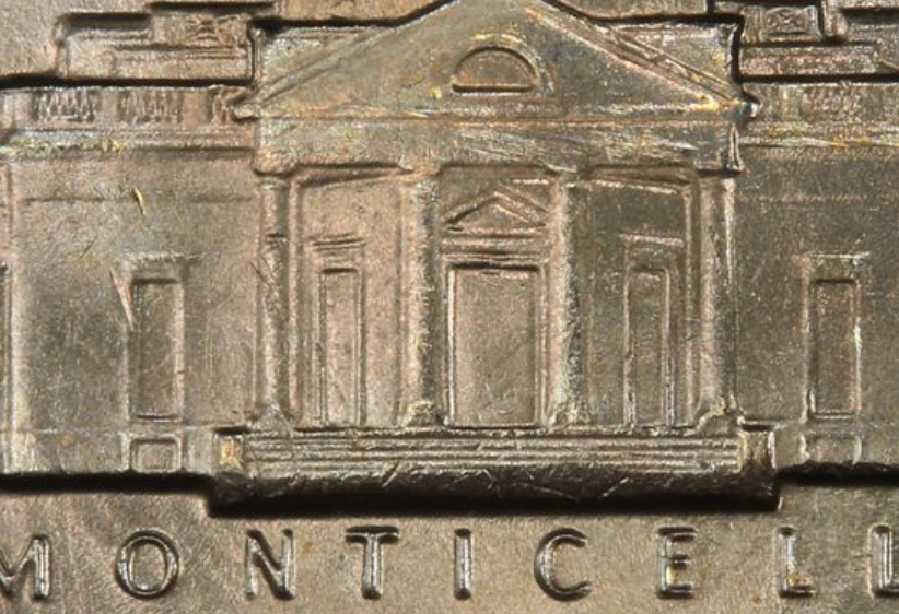 1979 Jefferson Nickel Full Steps reverse showing five complete Monticello steps under magnification