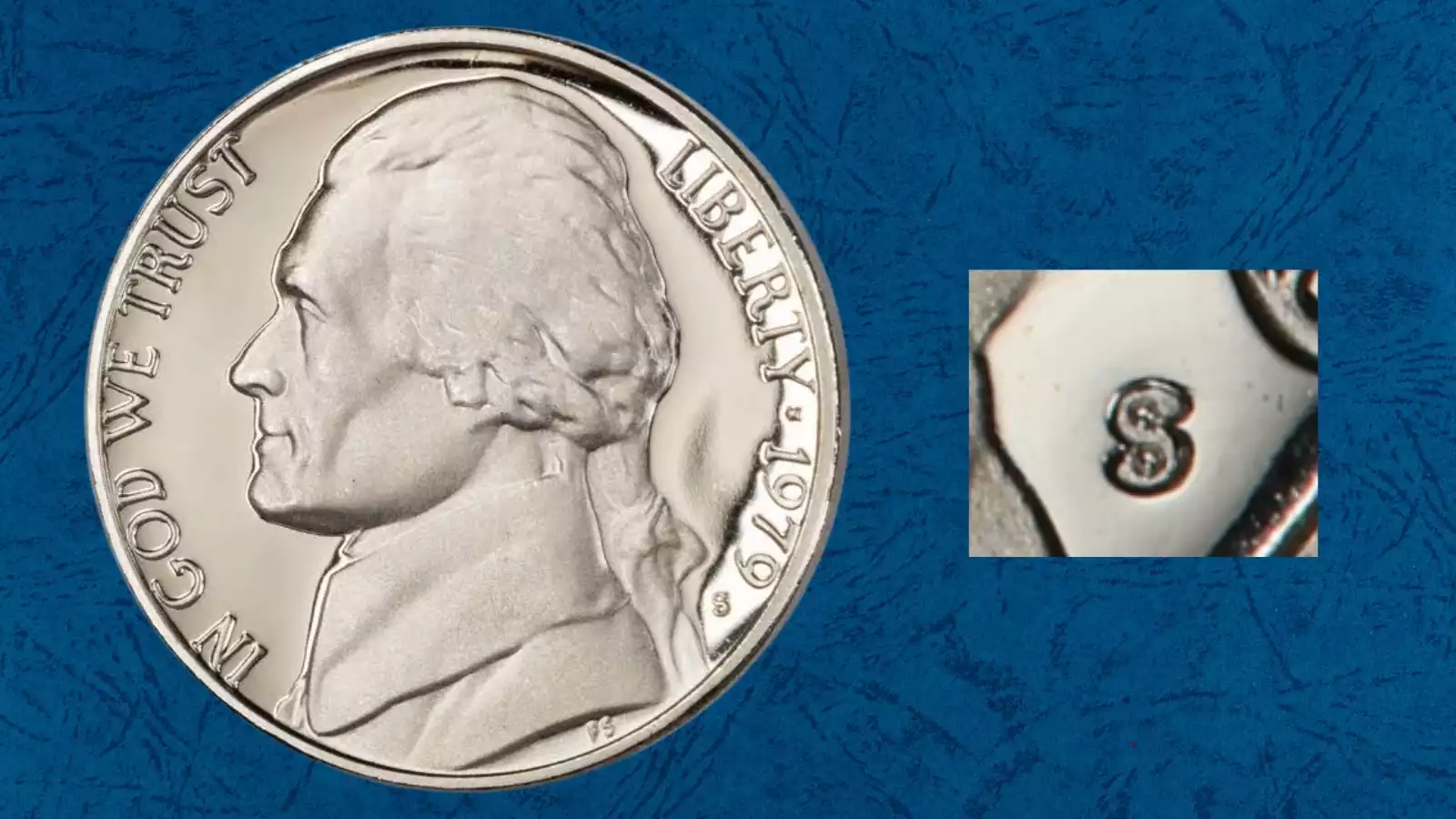 1979-S Jefferson Nickel Type 1 Filled S vs Type 2 Clear S mint mark comparison under magnification