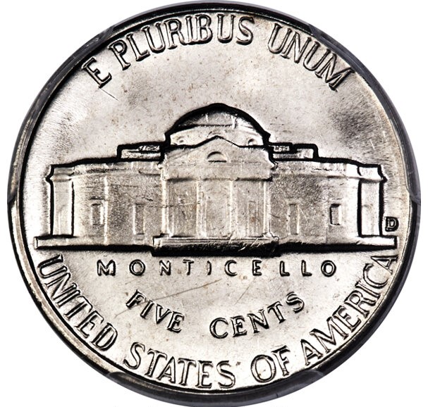 1979-D Jefferson Nickel RPM-001 repunched mint mark showing secondary D impression to the southeast under magnification