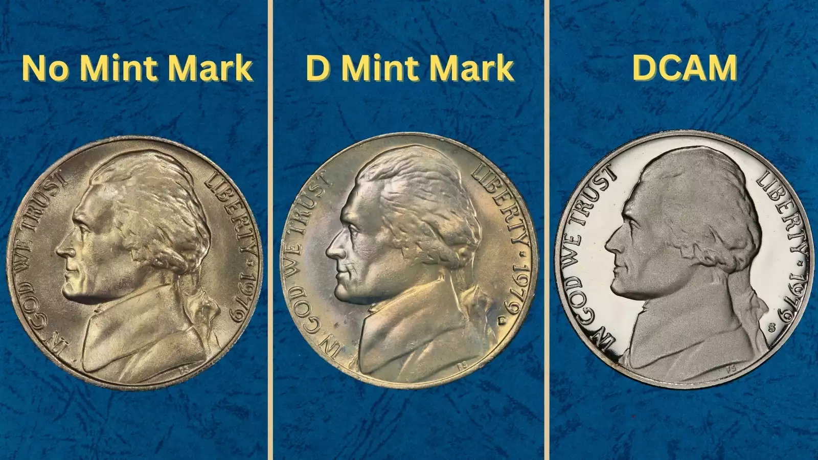 1979 Jefferson Nickel mintage data photograph showing coins from Philadelphia, Denver, and San Francisco mints