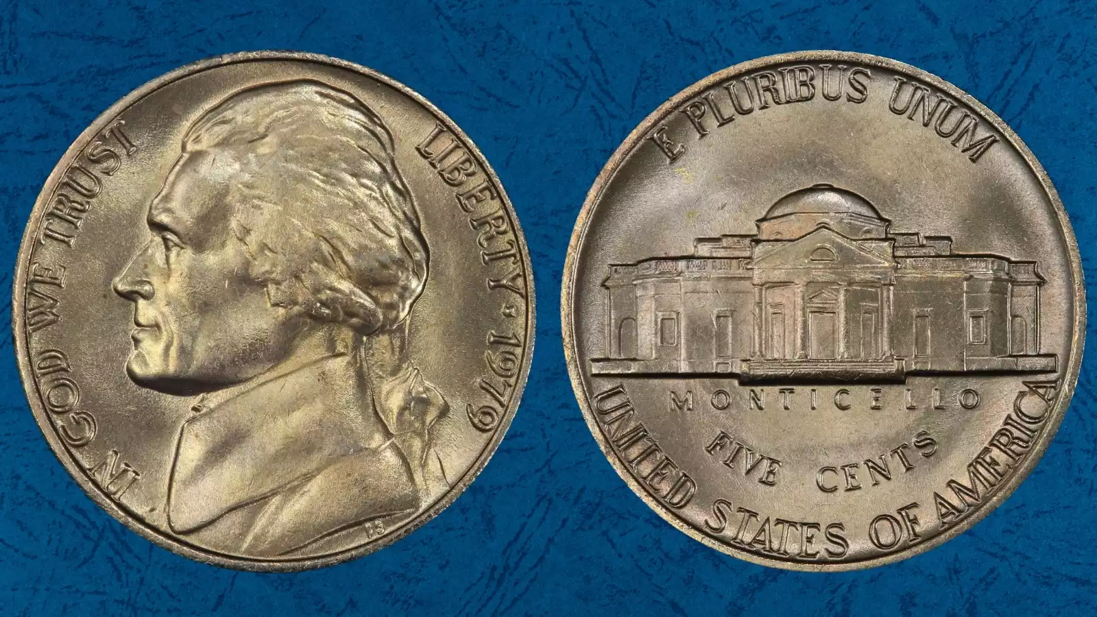 1979 Jefferson Nickel grading strip showing four condition tiers: worn, circulated, uncirculated, and gem from left to right